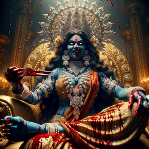 portrait of extremly angry looking goddess kali, blue skinned, sitting on a gold crown and carrying a weak mahishasur on her lap and stabbing him with her amazing red finger nails. She is wearing diamond armor, a huge diamond crown, red saree, abundant diamond jewelry, covered in blood. The scene is set in ancient India. The image is 8K resolution, cinematic, ultra detailed face and epic.