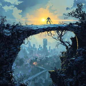 Create an image of an epic confrontation on an ancient, weathere...
