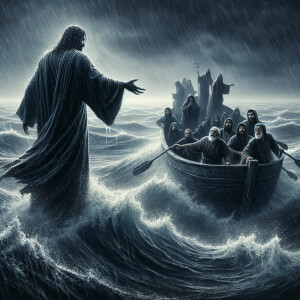 African-American Jesus telling Peter to come walk on the water,...