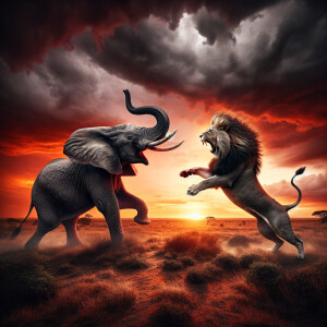 Composition**: The elephant and lion are positioned prominently...