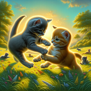 Two playful kittens, one gray and one orange, playing together o...