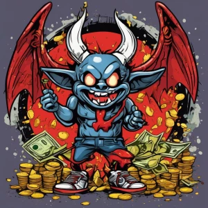 Design a cartoon-style circular logo featuring a cheeky demon we...