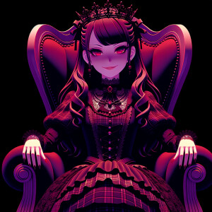 A woman named lilith wearing elegant gothic lolita dress  sitting on the thrones, red purple aura, smirk evil, 3D, humanlike