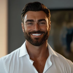 White muscular thin man with beard, big chin, smile and cheekbon...