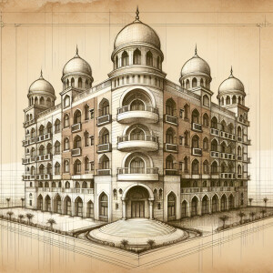 Design an elegant classic facade for a four-story hotel in Chaba...