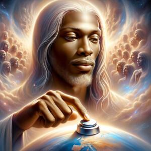 Depict a light-skinned African-American Jesus Christ with long,...