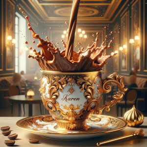 Illustrate a sumptuous coffee cup with an elaborate baroque-insp...