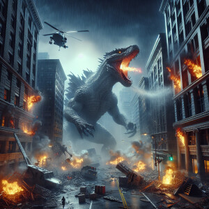 Scary Godzilla destroying buildings, mouth spitting fire straigh...