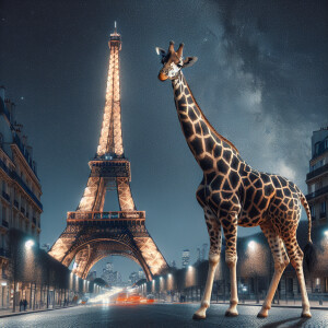 Giraffe standing in front of Eiffel tower