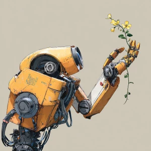 Wall-E robot's hand (arm) touches a flower with a green stem and...