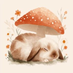 Cute fluffy rabbit sleeping peacefully under large spotted mushr...