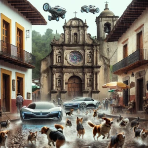 Mexico en un pueblo pequeño . Una calle lluviosa con una iglesia...