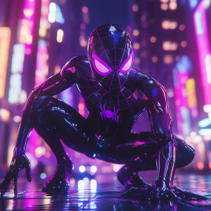 A hyper-realistic depiction of a malevolent, dark-suited Spider-...