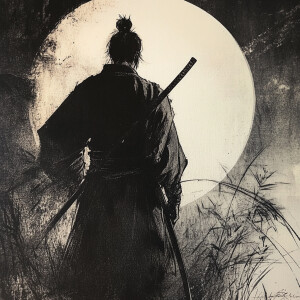 Closeup of elegant Ronin walking of into the moonlight at midnig...