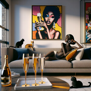 Create a stylish vogue drawing featuring a girl lounging on a so...