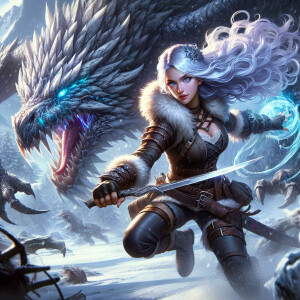 A beautiful huntress from the “Monster Hunter” series with dark...