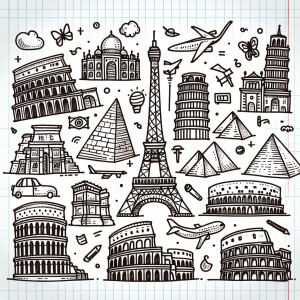 A playful design featuring famous landmarks in a doodle style.