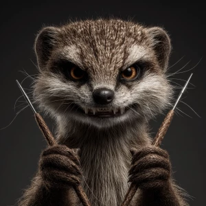 A anthropomorphic mongoose with a wild, crazy smile and intense...