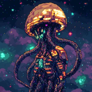 A blocky, retro 8-bit alien hybrid with exaggerated proportions:...