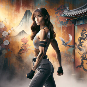 Athletic Thin skinny Attractive, Asian teenage girl, long brown hair and bangs, wearing tight skinny jeans and a halter top paint marks on her clothing, heroic pose Asian graffiti background, backside view