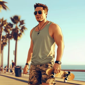 Elon Musk..elon on the boardwalk with skateboard, sunglasses, sl...