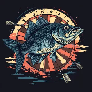 A cool vector avatar of a human-like sea bass playing darts. Sim...