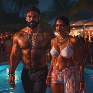 realism art style,a muscular beefy sweaty man  walking with his...