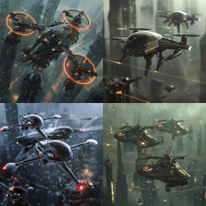 Sleek, metallic drones with rotating blades and laser emitters,...