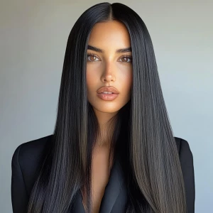 a woman, look to the camera, long sleek straight Hairstyle, smoo...