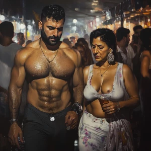 Hyperrealism art style,a muscular beefy sweaty man  walking with...