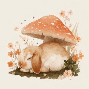 Cute fluffy rabbit sleeping peacefully under large spotted mushr...