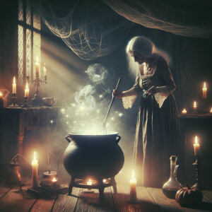 Old witch standing over cauldron stirring, spooky scene