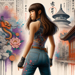 Attractive, Asian teenage girl, long brown hair and bangs, wearing tight skinny jeans and a halter top paint marks on her clothing, backside view heroic pose Asian graffiti