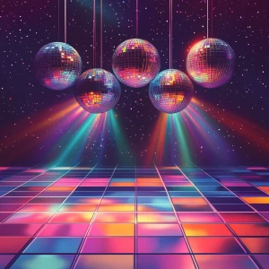 colorful disco club interior, vibrant glowing dance floor with m...