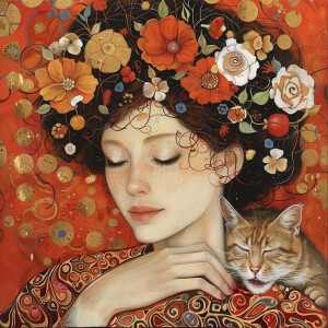 Create an image of a stunning woman adorned with flowers in her...