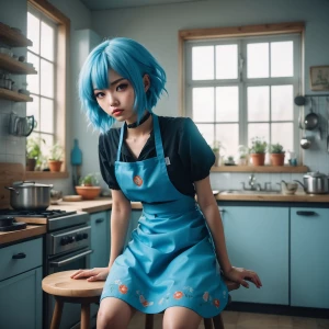 A stunning 30 year-old anime female with blue hair and asian-lik...