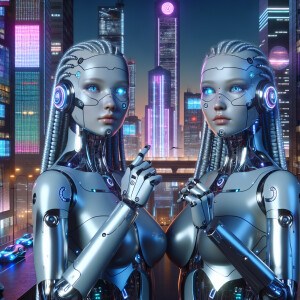 "Две кибернетические девушки-близнецы с серебряными металлически...