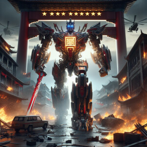 China as a transformer character, adorned with Tiananmen Gate be...
