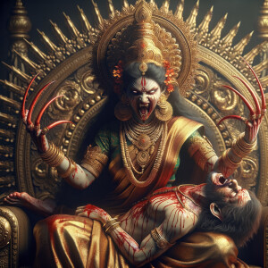 portrait of angry looking indian goddess sitting on a gold crown and carrying a weak mahishasur on her lap and poking him with her amazingly long red fingernails. She is wearing gold armor, a huge gold crown, gold saree, abundant  gold jewelry, covered in blood. The scene is set in ancient India. The image is 8K resolution, cinematic, photography, ultra detailed face and epic.