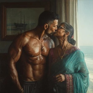 Hyperrealism painting.a muscular sweaty indian man standing in...
