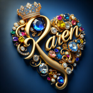 Craft a 3-D image showcasing the name 'KAREN' in a luxurious gol...