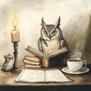 Owl reading a book by the light of a candle with a stack of old antique books next to him on a table. A quil pen is in an ink pot on the table. a cup of coffee is next to him on the table as well as an owlet looking up at him. Watercolor with pencil outlines. Focus on the owls.