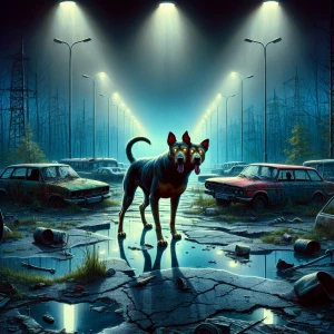 A two-headed dog prowling a deserted parking lot, its glowing eyes piercing the darkness