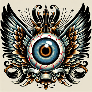 cat eyeball with wings in an old school tattoo style