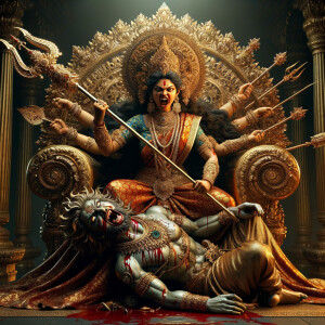 portrait of angry looking goddess durga, sitting on a gold crown and carrying a weak mahishasur on her lap and stabbing him with her amazingly designed trident. She is wearing gold armor, a huge gold crown, red saree, abundant gold jewelry, covered in blood. The scene is set in ancient India. The image is 8K resolution, cinematic, ultra detailed face and epic.