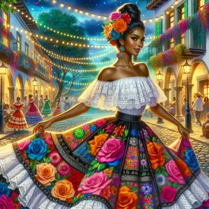 A detailed digital watercolor  illustration of a beautiful Afro Latina woman in a vibrant traditional Mexican folkloric dress dances gracefully in a lively, festive street. The dress has an off-shoulder white lace top and a voluminous, multicolored skirt adorned with intricate floral embroidery, bold roses, & detailed patterns. Her dark hair is elegantly styled in an updo, decorated with bright flowers matching her dress. Background showcases a picturesque colonial-style town illuminated by warm, glowing lanterns & string lights. The cobblestone street is lined with flower-filled balconies & lampposts, with people enjoying the festive atmosphere. The setting exudes a magical, celebratory ambiance, rich in color & culture.