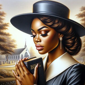 Render an airbrush oil painting of an African American woman with flawless makeup in a
contemplative pose, holding a Bible close to her heart, dressed in an elegant Sunday Best
outfit with a distinctive Church Hat. The background features a peaceful church garden,
with light filtering through the trees, highlighting her spiritual connection and the personal
moment of reflection. The artwork should capture the tranquility of the scene, the beauty
of her attire, and the depth of her contemplation, reflecting a serene and spiritually