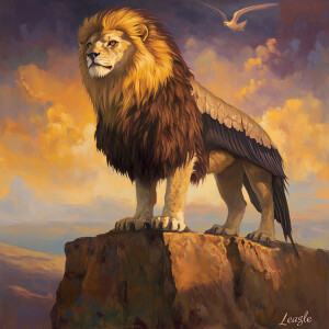 Design a majestic hybrid creature combining a lion and an eagle,...