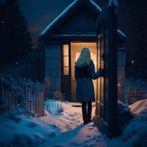 A girl with blonde hair opens the door of a house, looks at a gr...