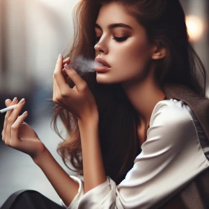 Pretty girl smoking cigarette with an open mouth inhale